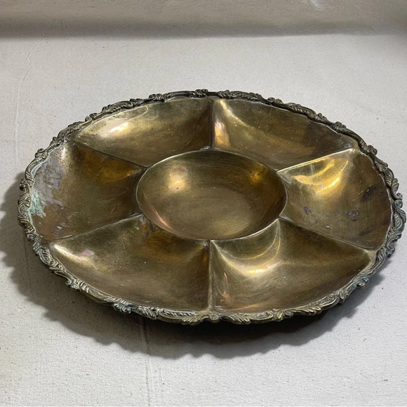 Vntg Brass Divided Tray Ornate Design Farmhouse Decor Mexico Handmade Patina - Picture 10 of 10